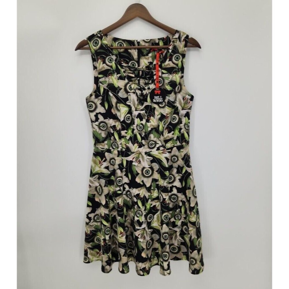 New Hell Bunny Peepers Fit & Flare Dress Eyeball Lilly Flowers Print Small - Picture 2 of 5